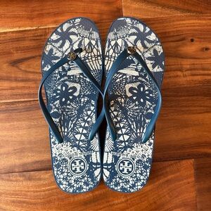 Tory Burch Blue and White Flip Flops